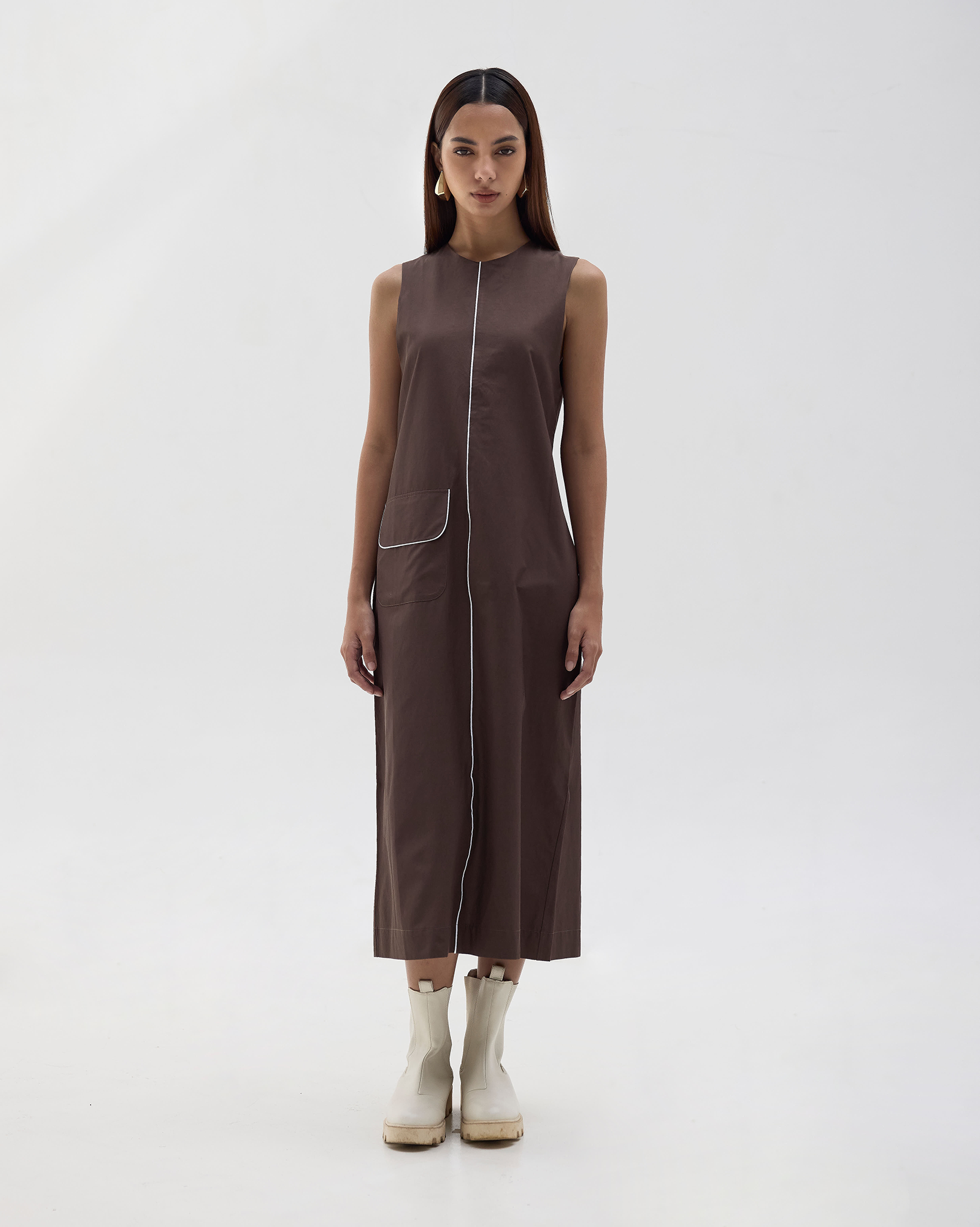 Elise Contrast Piping Long Dress Chocolate
