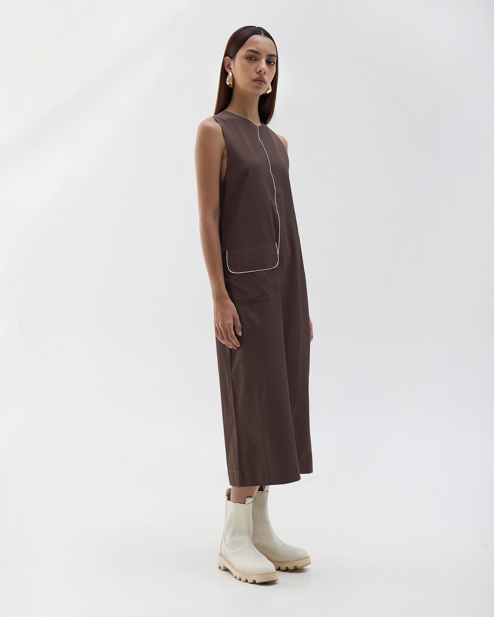 Elise Contrast Piping Long Dress Chocolate