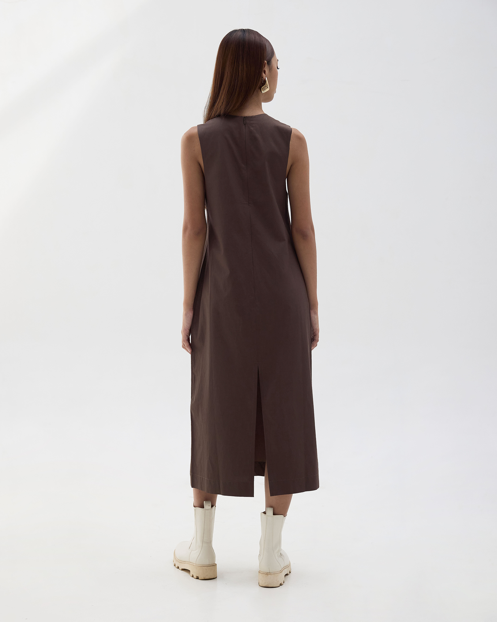 Elise Contrast Piping Long Dress Chocolate