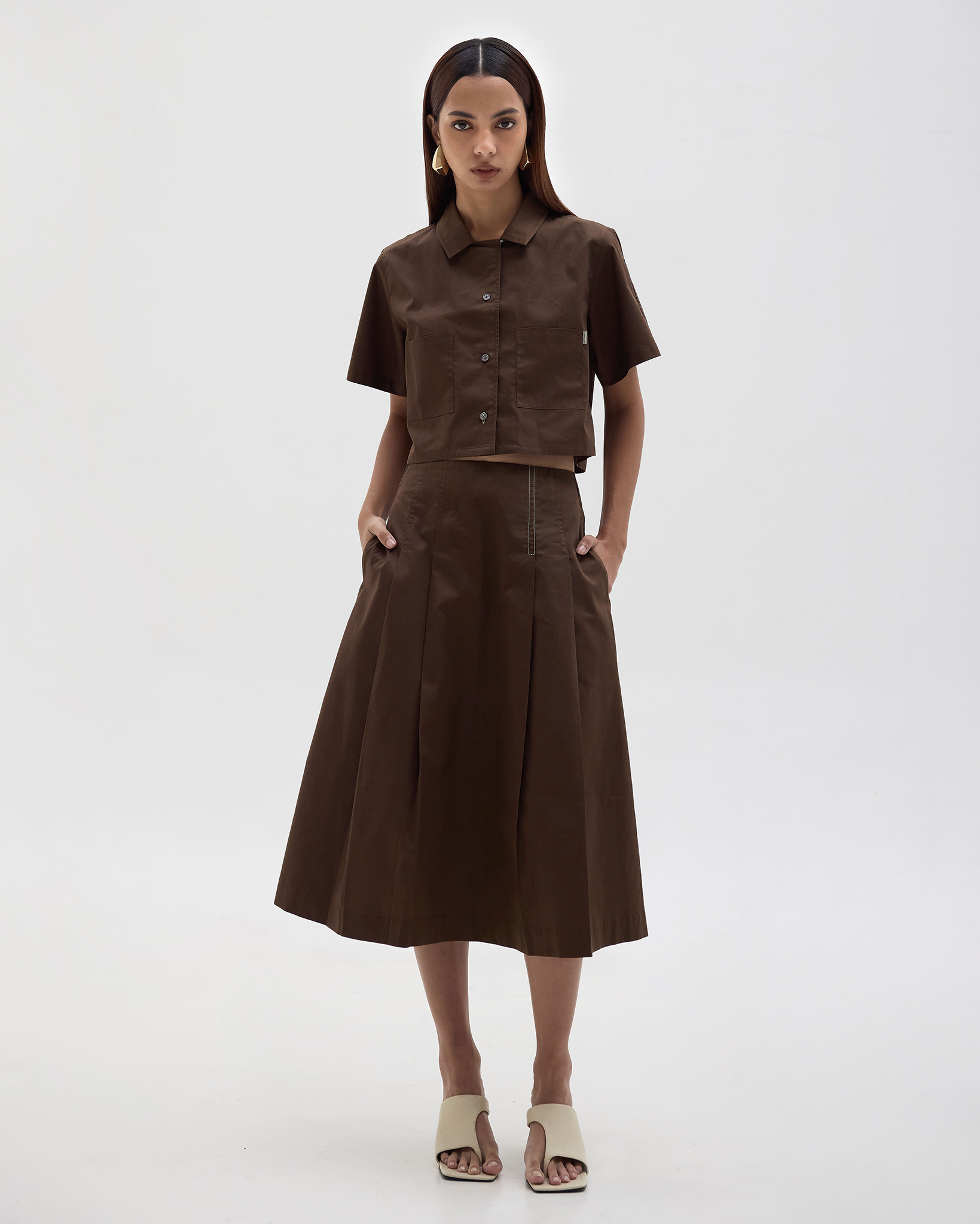 Lucia Organic Cotton Pleated Flare Skirt Chocolate