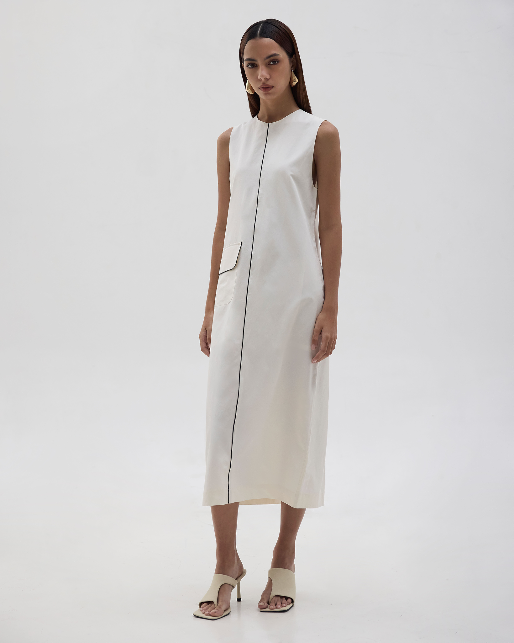 Elise Contrast Piping Long Dress Cream